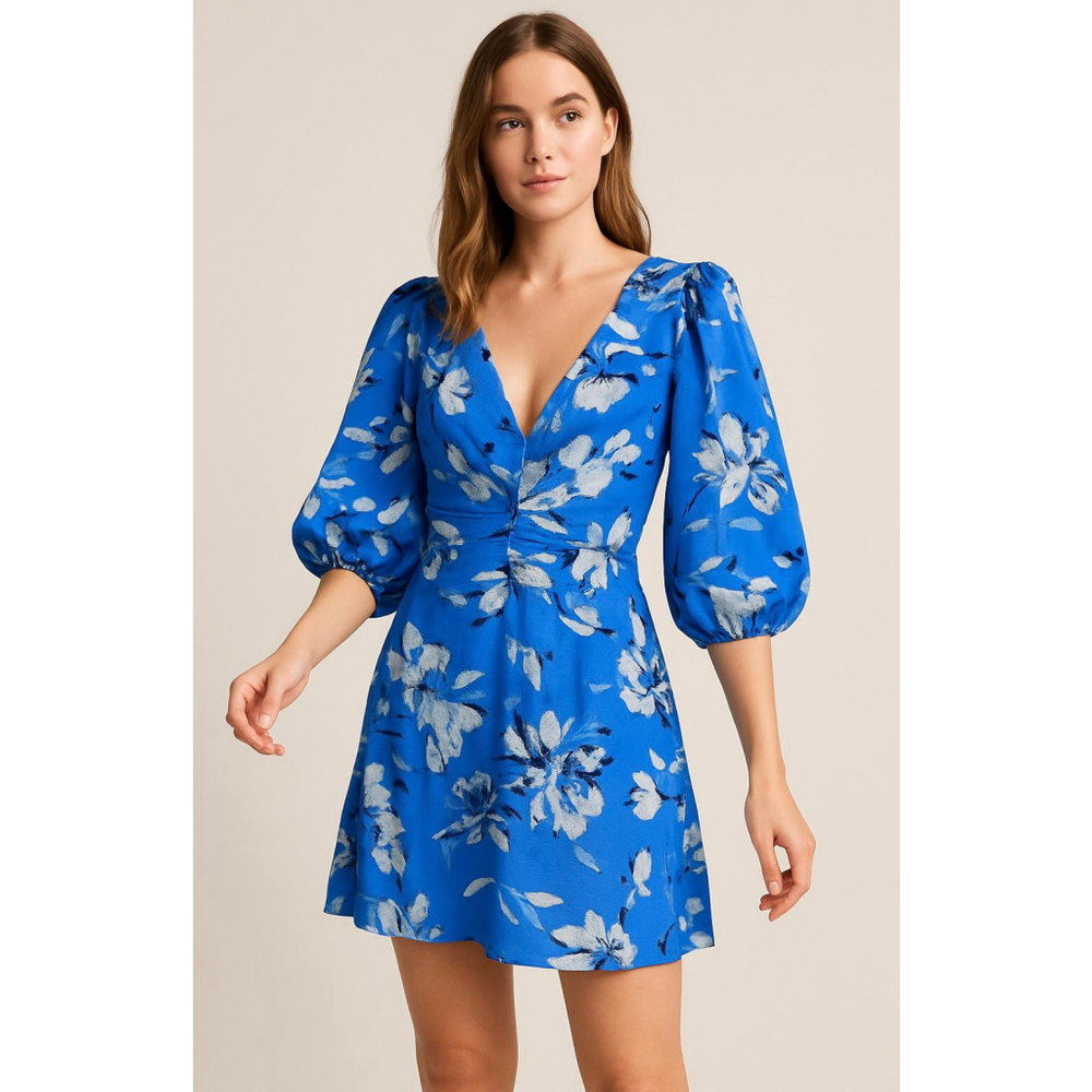 Womens JH Blue White Floral Mini Dress V-Neck 3/4 Puff Sleeves Sz 16 Cottagecore